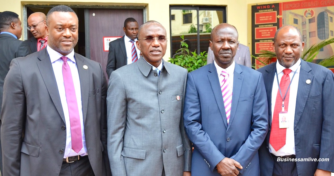 L-R: Eberechukwu Uneze, Executive Director, Asset Management Corporation of Nigeria (AMCON), Ahmed Kuru, MD/CEO, AMCON, Ibrahim Mustafa Magu, Acting Chairman, Economic and Financial Crimes Commission (EFCC), and Saidu Jallo, AMCON Company Secretary/Legal Adviser, after the meeting of the two government agencies in Abuja, August 3, 2017