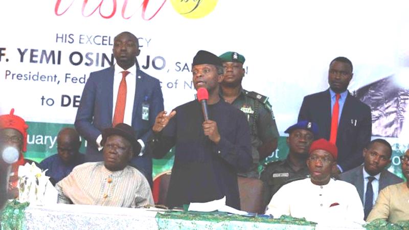 Yemi Osinbajo, Acting President flanked by Chief Edwin Clark and Delta State governor Ifeanyi Okowa during the presidency's visit to Niger Delta region
