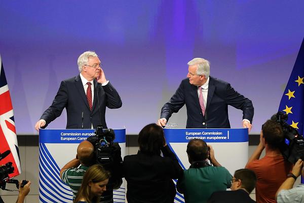 Chief negotiator for the European Union, Michel Barnier (R) and Secretary of State for Exiting the European Union, David Davis (L) hold a joint press conference during the second round of the Brexit negotiations in Brussels, Belgium on July 20, 2017.