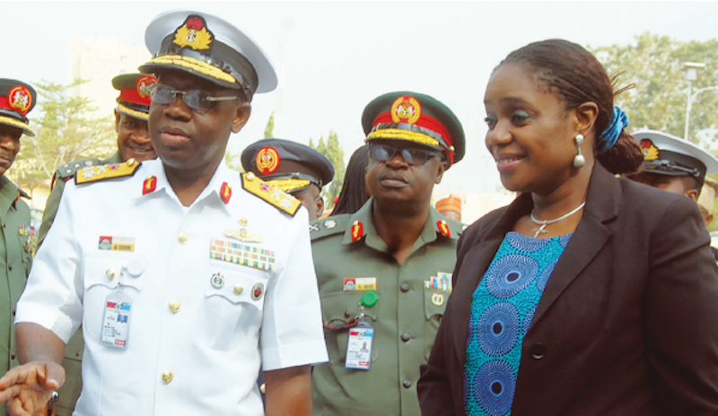 L-R:Adeniyi Oshinowo, Admiral and commandant, National Defence College; Peter Danke, deputy commandant and Kemi Adeosun, minister of finance and representative of Vice President of Nigeria, Yemi Osinbajo, at a lecture delivered on behalf of Osinbajo by Adeosun, to the Course 26 participants of National Defence College in Abuja