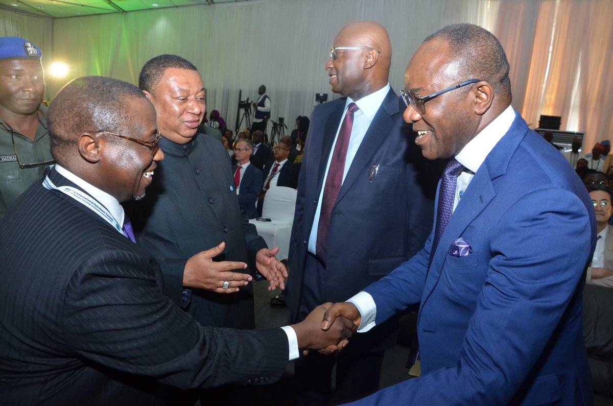 (L-R) MK Baru, GMD NNPC group; Mohammed Sanusi Barkindo, OPEC Secretary General; Boss Gida Mustapha, Secretary to the Government Federation and Ibe Kachikwu, Nigeria's minister of state petroleum resources, at the Nigerian Petroleum Summit in Abuja, Monday Feb 19, 2018