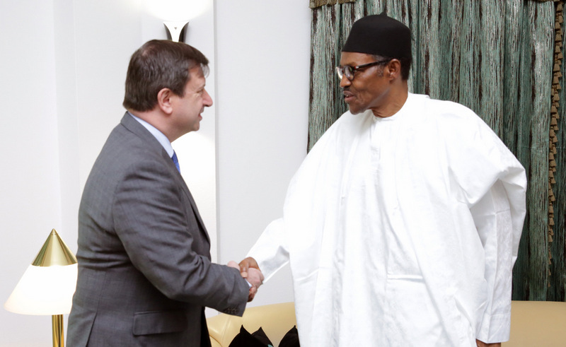 Muhammadu Buhari, Nigeria's president receives Paul Arkwright, British High Commissioner to Nigeria, at the State House in Abuja, on Friday, April 29, 2016.