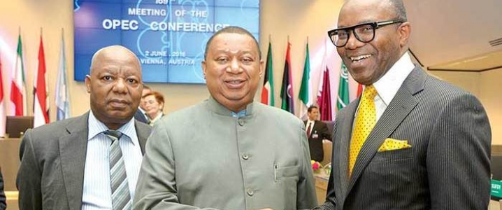 Ibe Kachikwu, Nigeria's Minister of State for Petroleum Resources, (right) and Mohammad Barkindo, OPEC Secretary-General