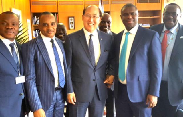 L-R: Sobantu Tilayi, CEO, South African Maritime Safety Authority (SAMSA), Kitack Lim, Secretary General of the IMO, Dakuku Peterside, Chairman AAMA, and Kwame Owuaruthe, Director General of Ghana Maritime Authority, during a meeting of the AAMA delegation with the Secretary General of the IMO at the Organisation s Headquarters in London.