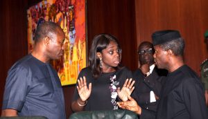 Kemi Adeosun, Minister of Finance (M); Yemi Osinbajo, Nigeria's Ag. President (R) and Ibe Kachukwu, State Minister of Petroleum (L)