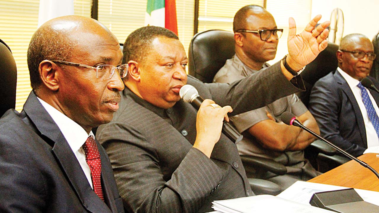 (L-R) Omar Farouk, Governor, Organisation of Petroleum Exporting Countries (OPEC); Mohammed Barkindo, Secretary General; Emmanuel Ibe Kachikwu, Nigeria's Minister of State for Petroleum,  and Olusegun Adekunle, representative of the ministry’s Permanent Secretary, during the OPEC scribe’s visit to NNPC Towers, Abuja