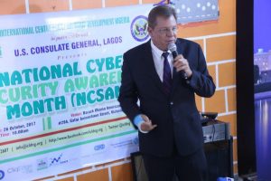 F. John Bray, U.S. Consul-General delivering remarks during the 2017 National Cybersecurity Awareness Month event held on Thursday, October 26 2017, at the Barack Obama American Corner, Victoria Island, Lagos.